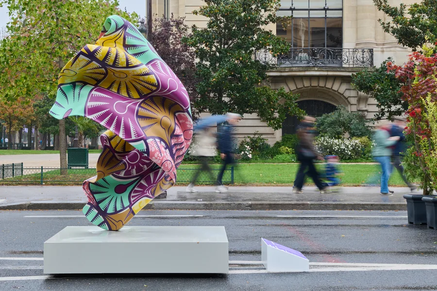 Art Basel Paris 2026, Public Program: colourful patterned sculpture by Yinka Shonibare on Avenue Winston-Churchill